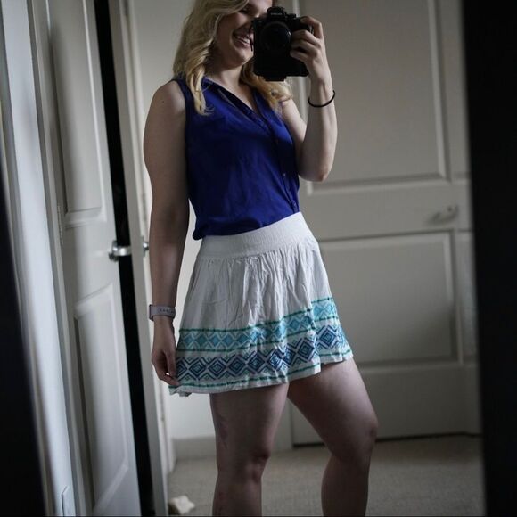 Aeropostale White Elastic Embroidered Grecian Patterned Linen Mini Skirt Size L - Picture 3 of 5